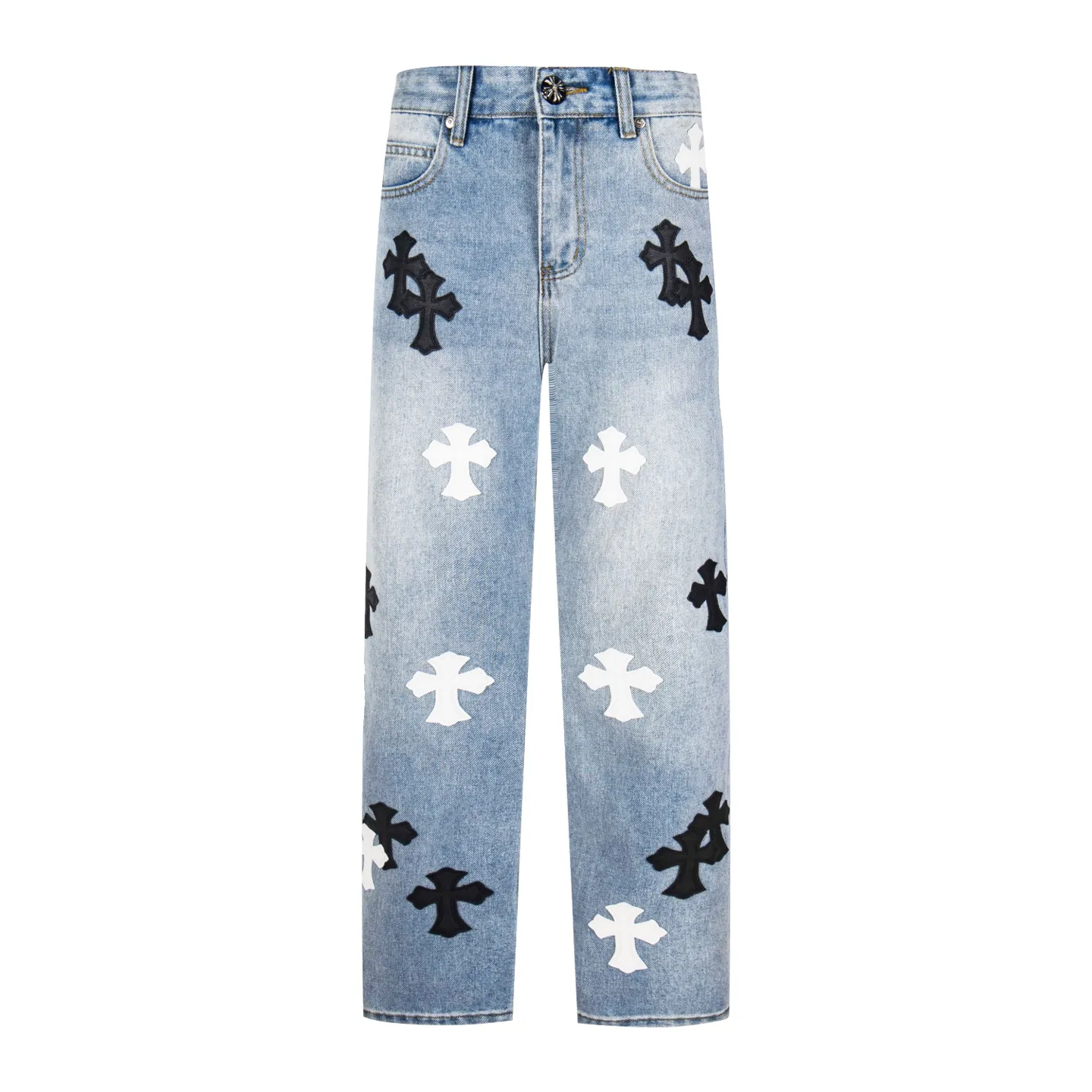 P240 Chrome Hearts light blue, black and white multi-quick leather couple jeans are a hot item this season and are sought after by countless celebrities and fashionistas. The neat details of the cutting process add color to the playful fashion! The neat and meticulous design, and the well-fitting structure is unique. The upper body not only has outstanding recognition, but also looks younger and younger. A style with the ultimate wearing meaning and performance, gorgeous color matching, and the craftsmanship of this style is also extremely extraordinary. After the finished product is washed, it is disassembled and hand-made with sheepskin cross leather and then spliced ​​together to complete. The whole piece has too many craftsmanship to describe. It is decorated with patchwork cross flowers and high-waisted washed jeans! ! Absolutely high-end luxury product, a god-level single product, a super popular product, made by top heavy industry, a magic weapon that cannot be missed. Style number: 1830# Size: 28 30 32 34 36 Color: light blue
